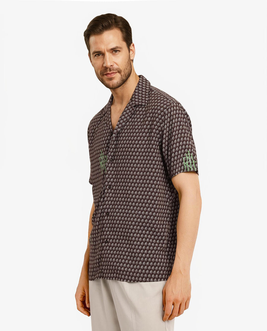 Rare Rabbit Men's Vex Brown Viscose Monogram Print Boxy Fit Half Sleeve Cuban Collar Shirt