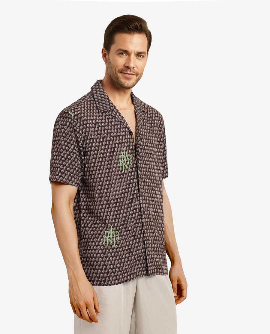 Rare Rabbit Men's Vex Brown Viscose Monogram Print Boxy Fit Half Sleeve Cuban Collar Shirt