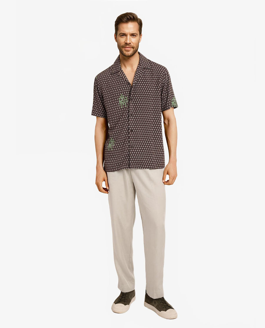 Rare Rabbit Men's Vex Brown Viscose Monogram Print Boxy Fit Half Sleeve Cuban Collar Shirt