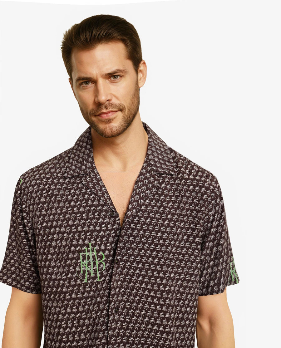 Rare Rabbit Men's Vex Brown Viscose Monogram Print Boxy Fit Half Sleeve Cuban Collar Shirt