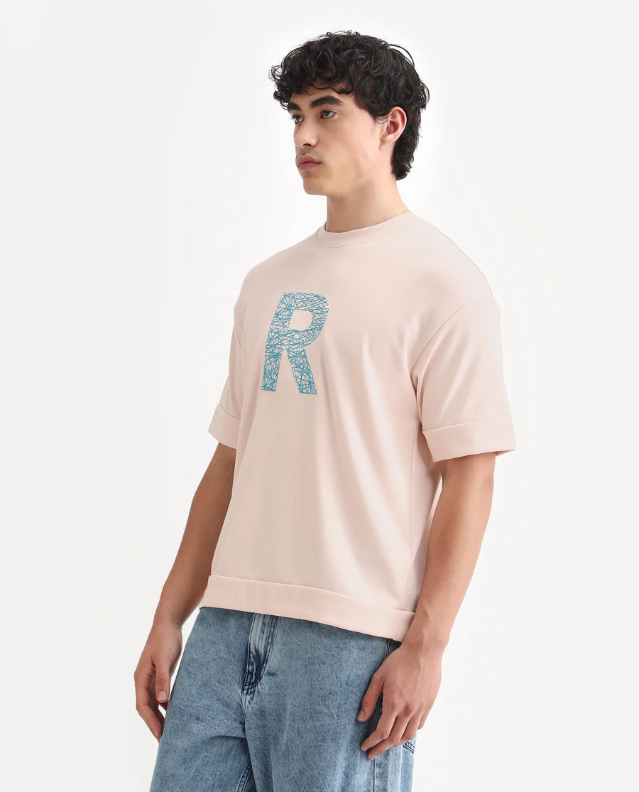 Rare Rabbit Men's Vexi Pastel Orange Cotton Blend Embroidered Oversized Fit Half Sleeve Crew Neck T-Shirt