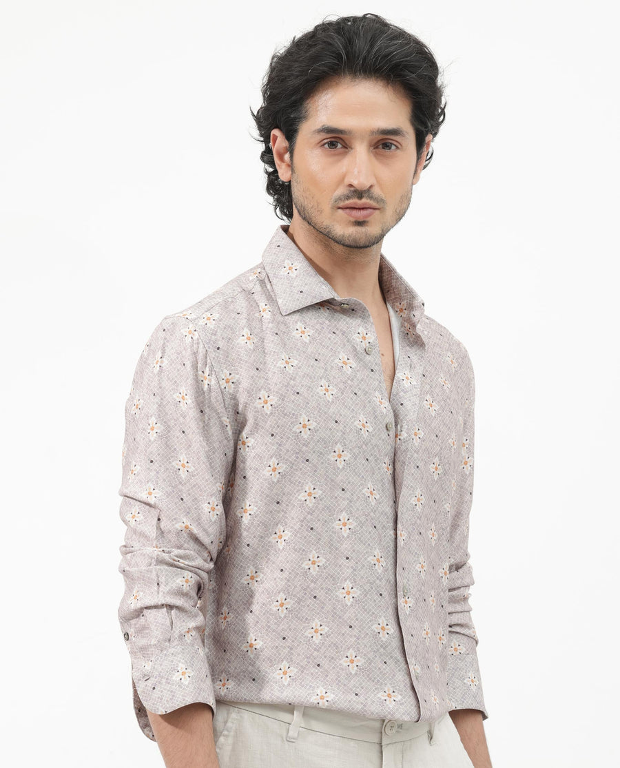 Rare Rabbit Men's Vinter Light Grey Viscose Floral Print Regular Fit Full Sleeve Collared Shirt