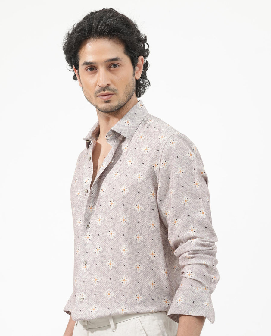 Rare Rabbit Men's Vinter Light Grey Viscose Floral Print Regular Fit Full Sleeve Collared Shirt