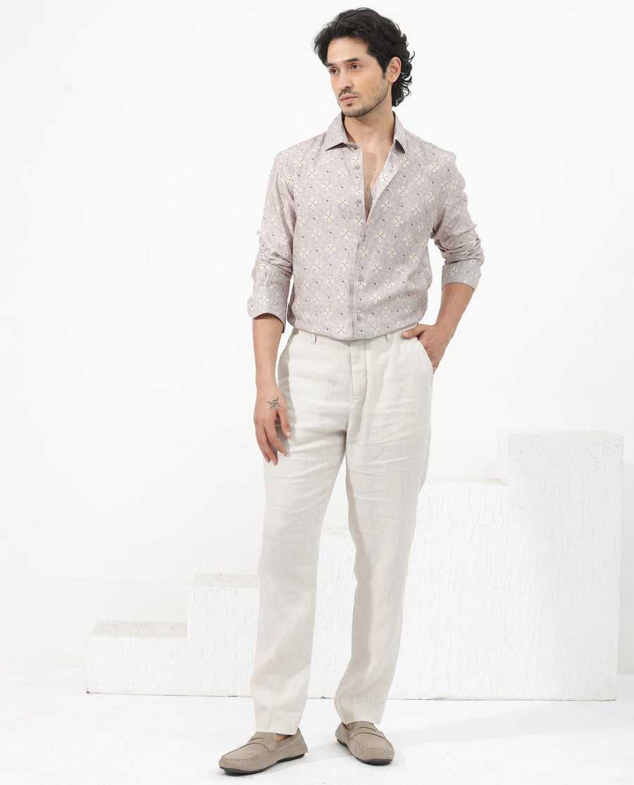 Rare Rabbit Men's Vinter Light Grey Viscose Floral Print Regular Fit Full Sleeve Collared Shirt