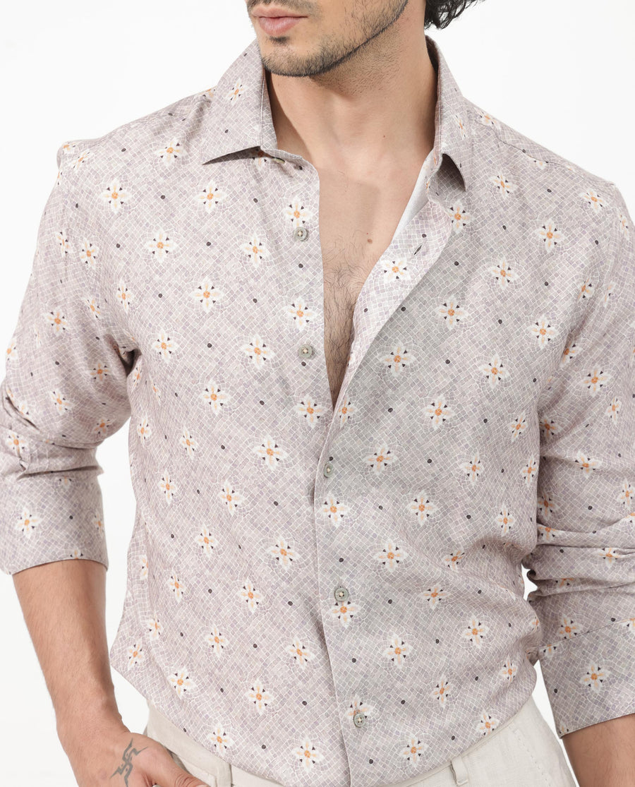 Rare Rabbit Men's Vinter Light Grey Viscose Floral Print Regular Fit Full Sleeve Collared Shirt