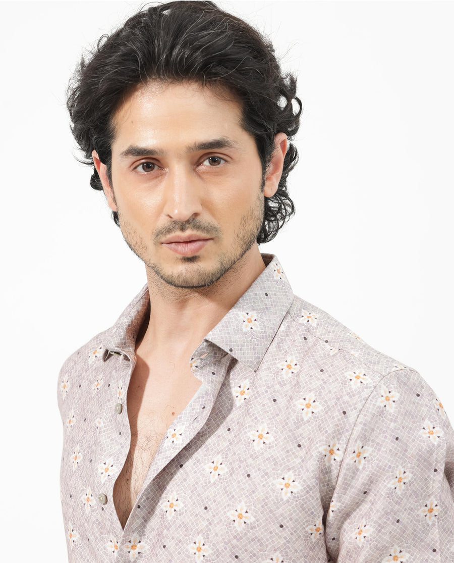 Rare Rabbit Men's Vinter Light Grey Viscose Floral Print Regular Fit Full Sleeve Collared Shirt