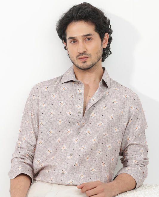 Rare Rabbit Men's Vinter Light Grey Viscose Floral Print Regular Fit Full Sleeve Collared Shirt
