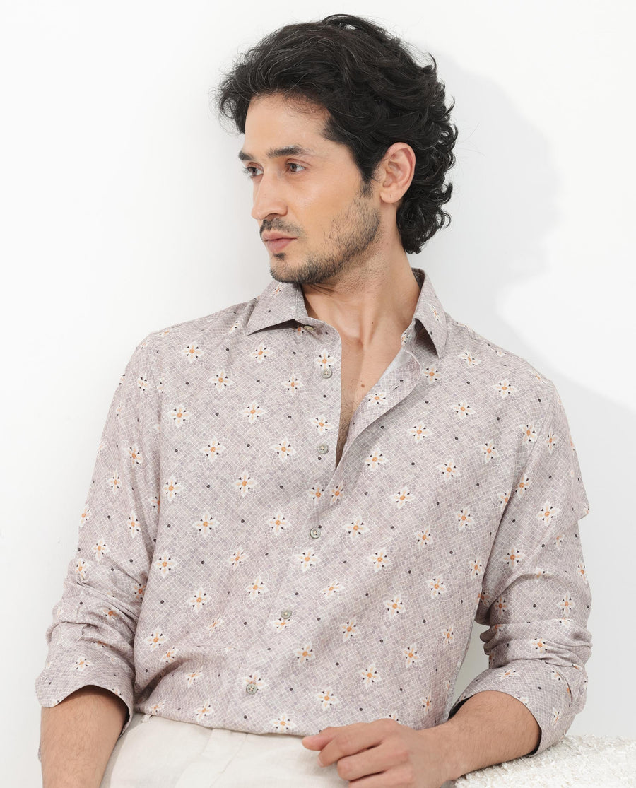 Rare Rabbit Men's Vinter Light Grey Viscose Floral Print Regular Fit Full Sleeve Collared Shirt