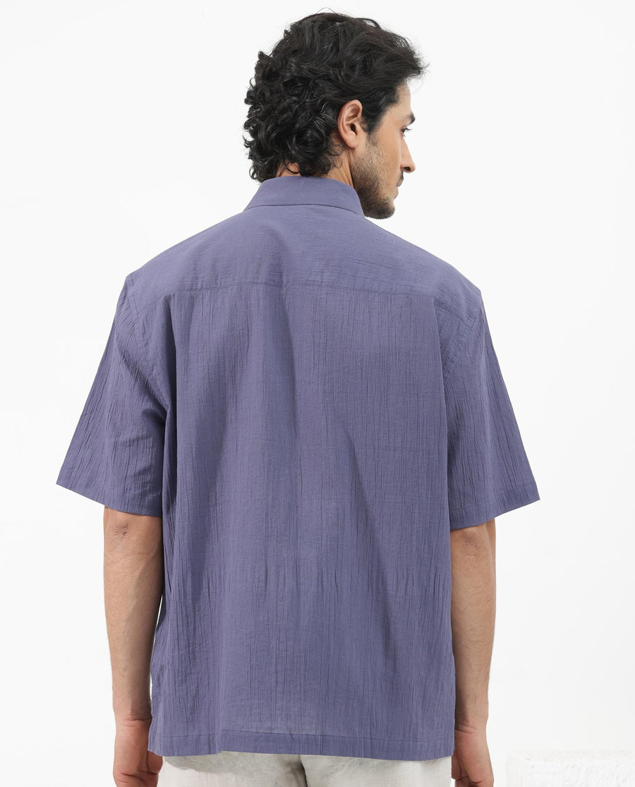 Rare Rabbit Men's Crinkle Ss Dusky Purple Cotton Plain Boxy Fit Half Sleeve Collared Shirt