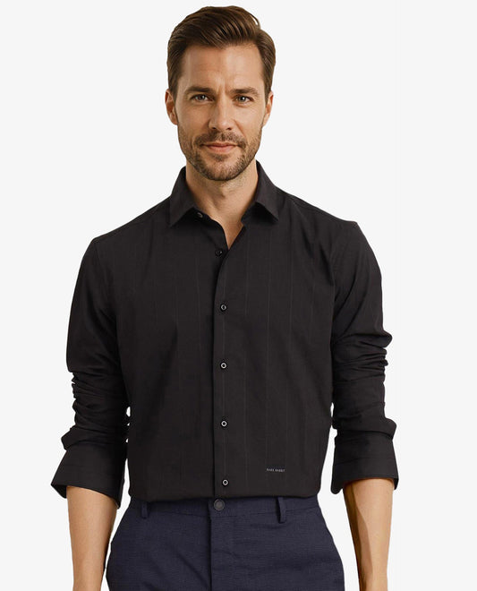 Rare Rabbit Men's Vista-1 Black Cotton Striped Print Regular Fit Full Sleeve Collared Shirt