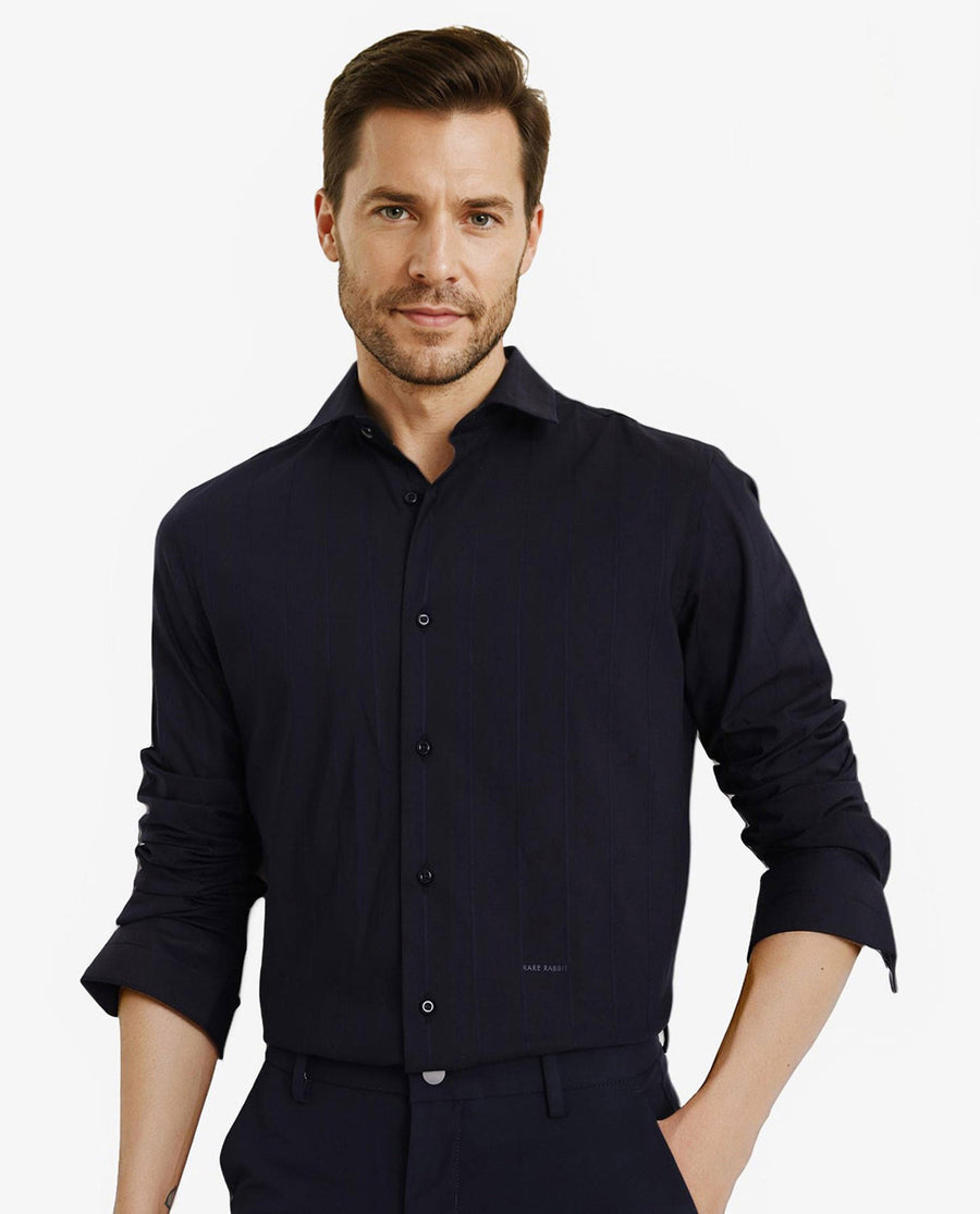 Rare Rabbit Men's Vista-1 Dark Navy Cotton Striped Print Regular Fit Full Sleeve Collared Shirt