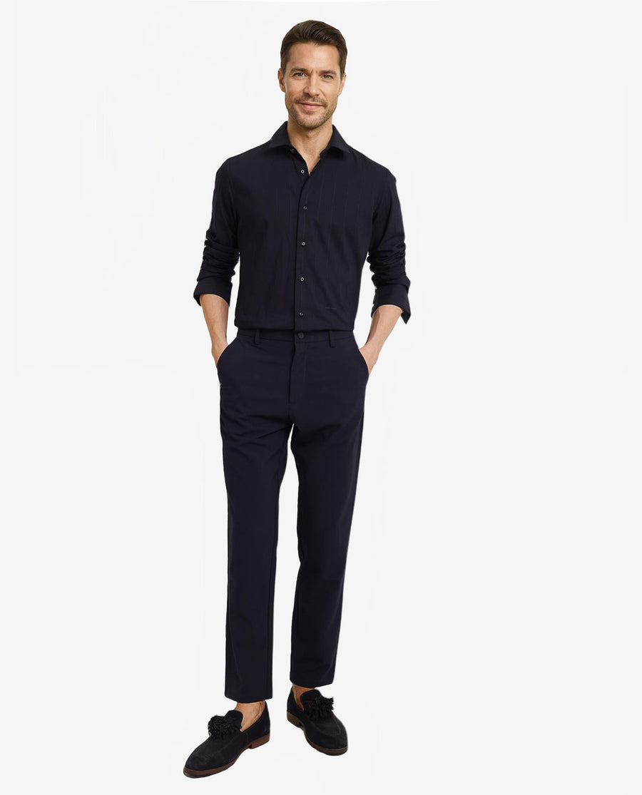 Rare Rabbit Men's Vista-1 Dark Navy Cotton Striped Print Regular Fit Full Sleeve Collared Shirt