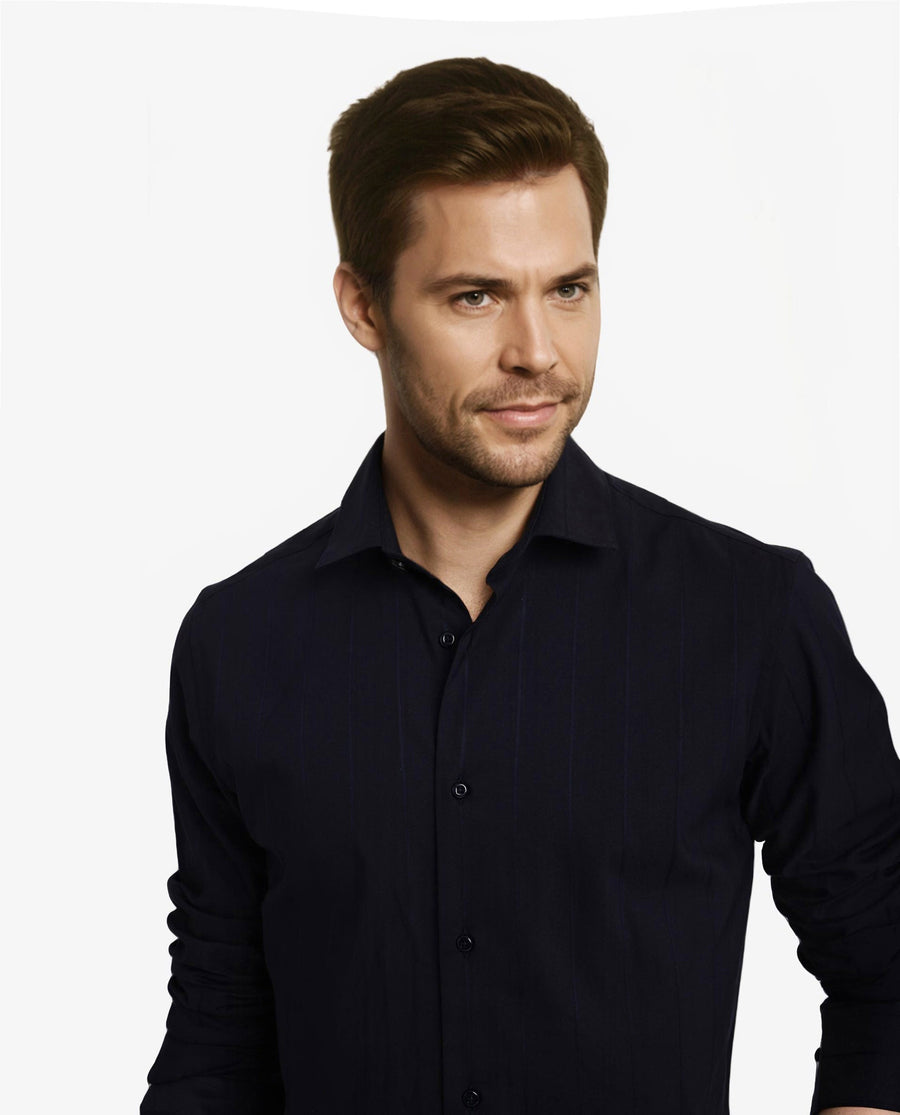 Rare Rabbit Men's Vista-1 Dark Navy Cotton Striped Print Regular Fit Full Sleeve Collared Shirt