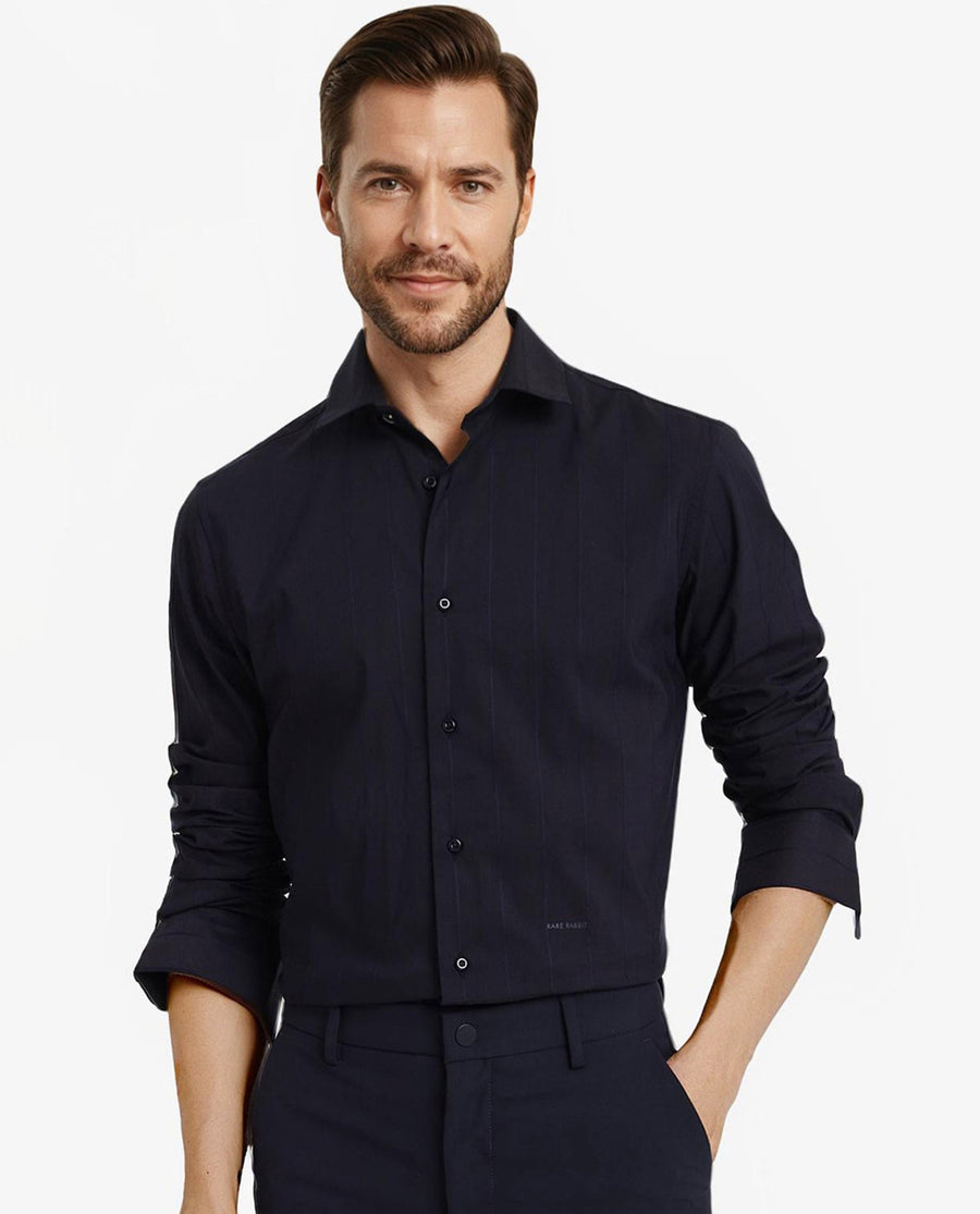 Rare Rabbit Men's Vista-1 Dark Navy Cotton Striped Print Regular Fit Full Sleeve Collared Shirt