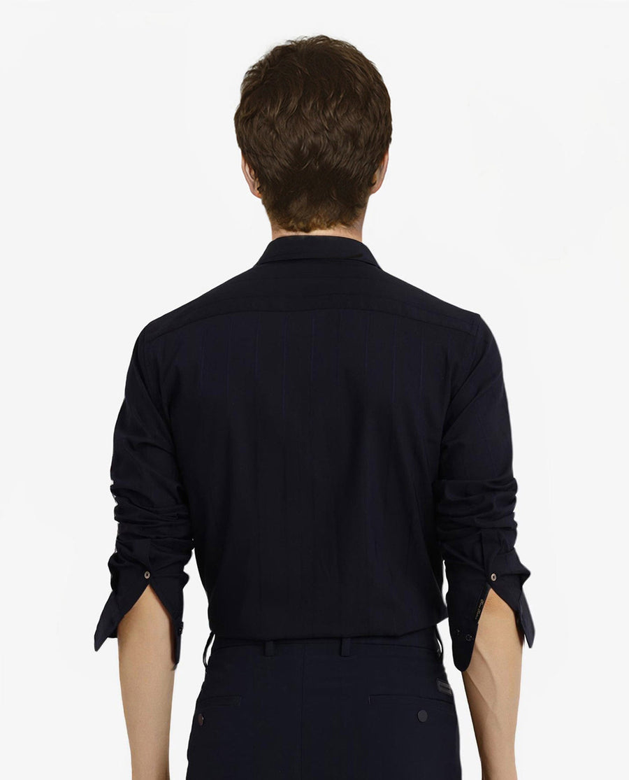 Rare Rabbit Men's Vista-1 Dark Navy Cotton Striped Print Regular Fit Full Sleeve Collared Shirt