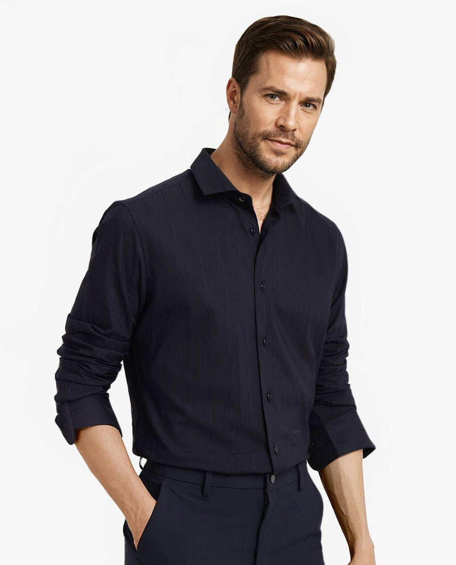 Rare Rabbit Men's Vista-1 Dark Navy Cotton Striped Print Regular Fit Full Sleeve Collared Shirt