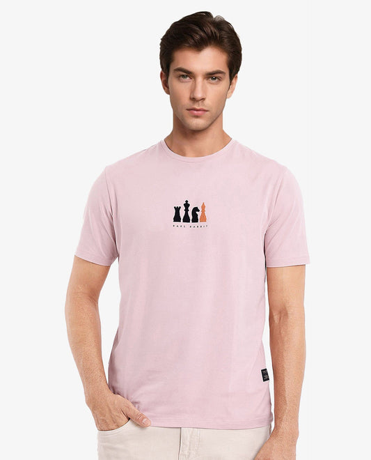 Rare Rabbit Men's Vital Light Pink Cotton Graphic Print Regular Fit Half Sleeve Crew Neck T-Shirt