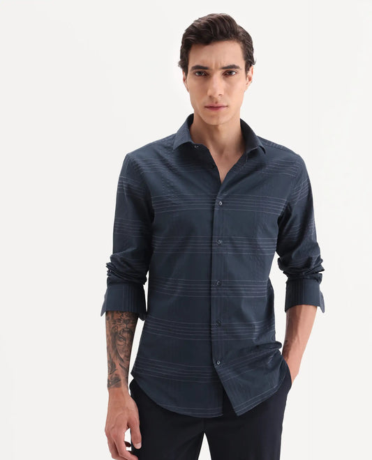 Rare Rabbit Men's Vola-25 Dark Navy Cotton Fabric Full Sleeve Regular Fit Checked Shirt