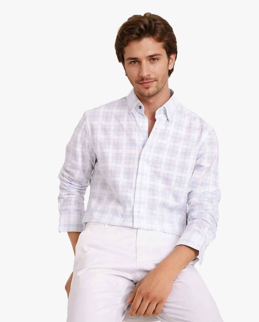 Rare Rabbit Men's Vory White Cotton Checked Print Regular Fit Full Sleeve Collared Shirt