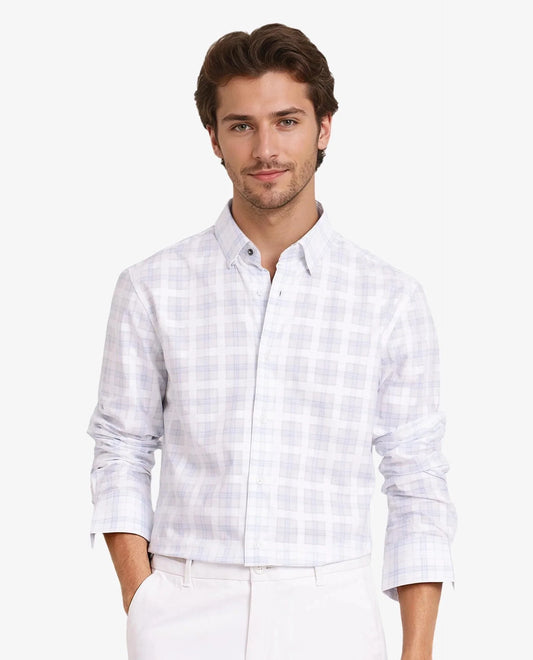 Rare Rabbit Men's Vory White Cotton Checked Print Regular Fit Full Sleeve Collared Shirt