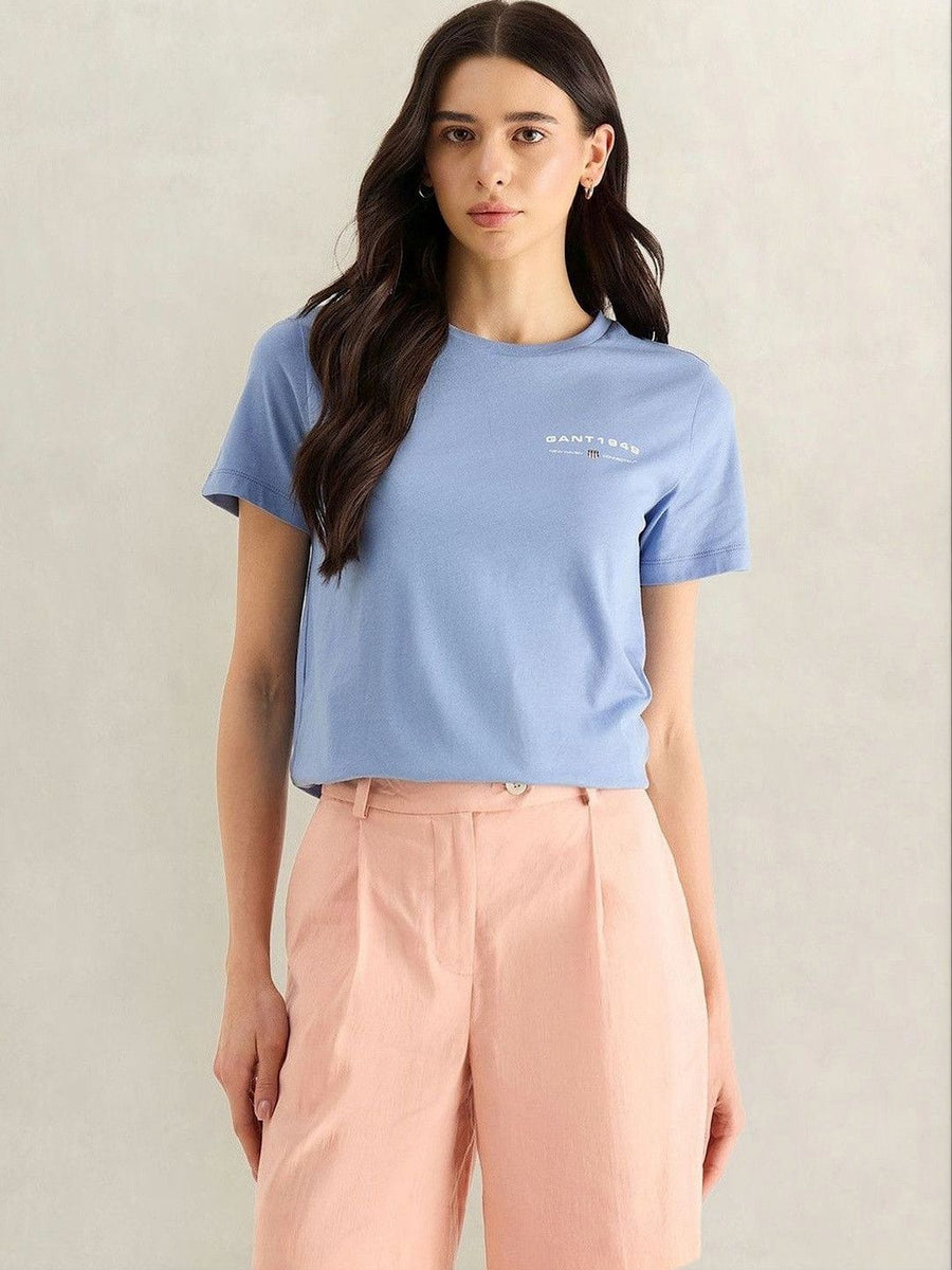 Gant Women Blue Solid Regular Fit Pure Cotton T-Shirt