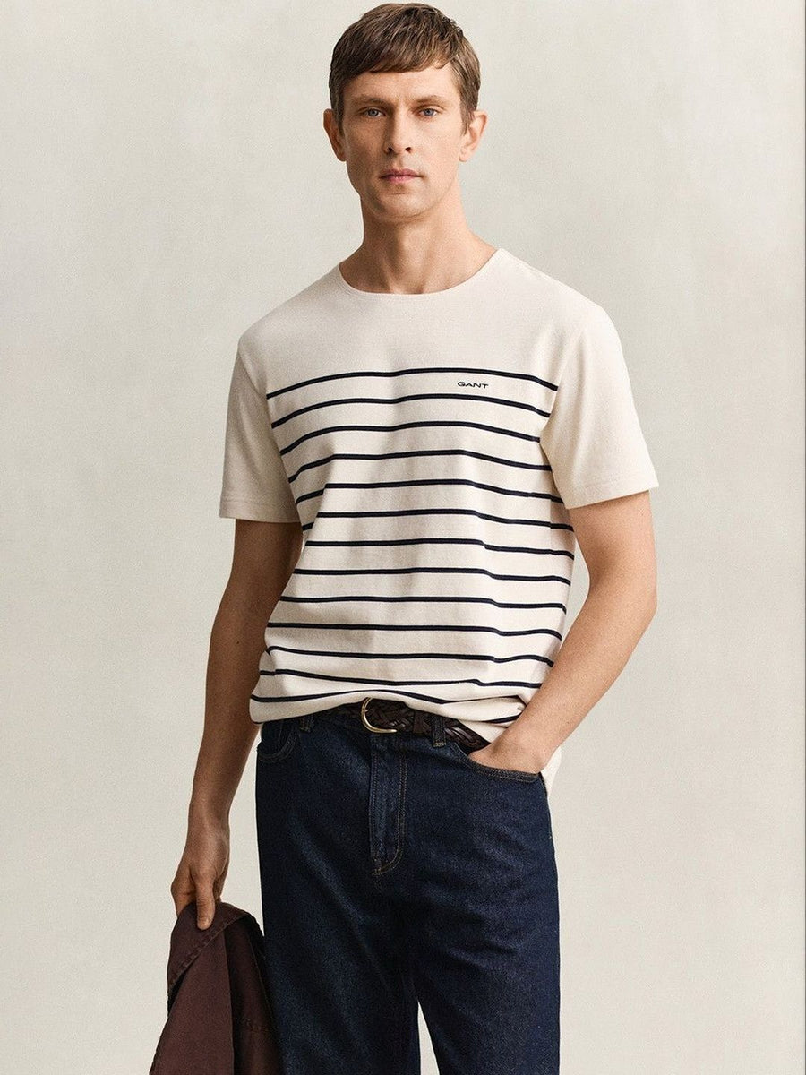 Gant Men Cream Striped Regular Fit Pure Cotton T-Shirt