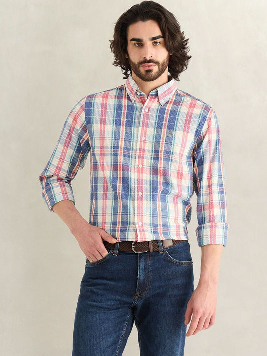 Gant Men Blue Checked Regular Fit Pure Cotton Shirt