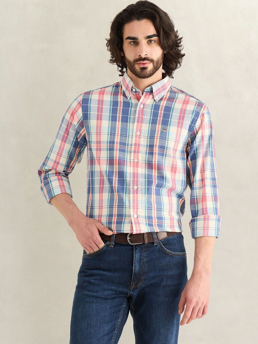 Gant Men Blue Checked Regular Fit Pure Cotton Shirt