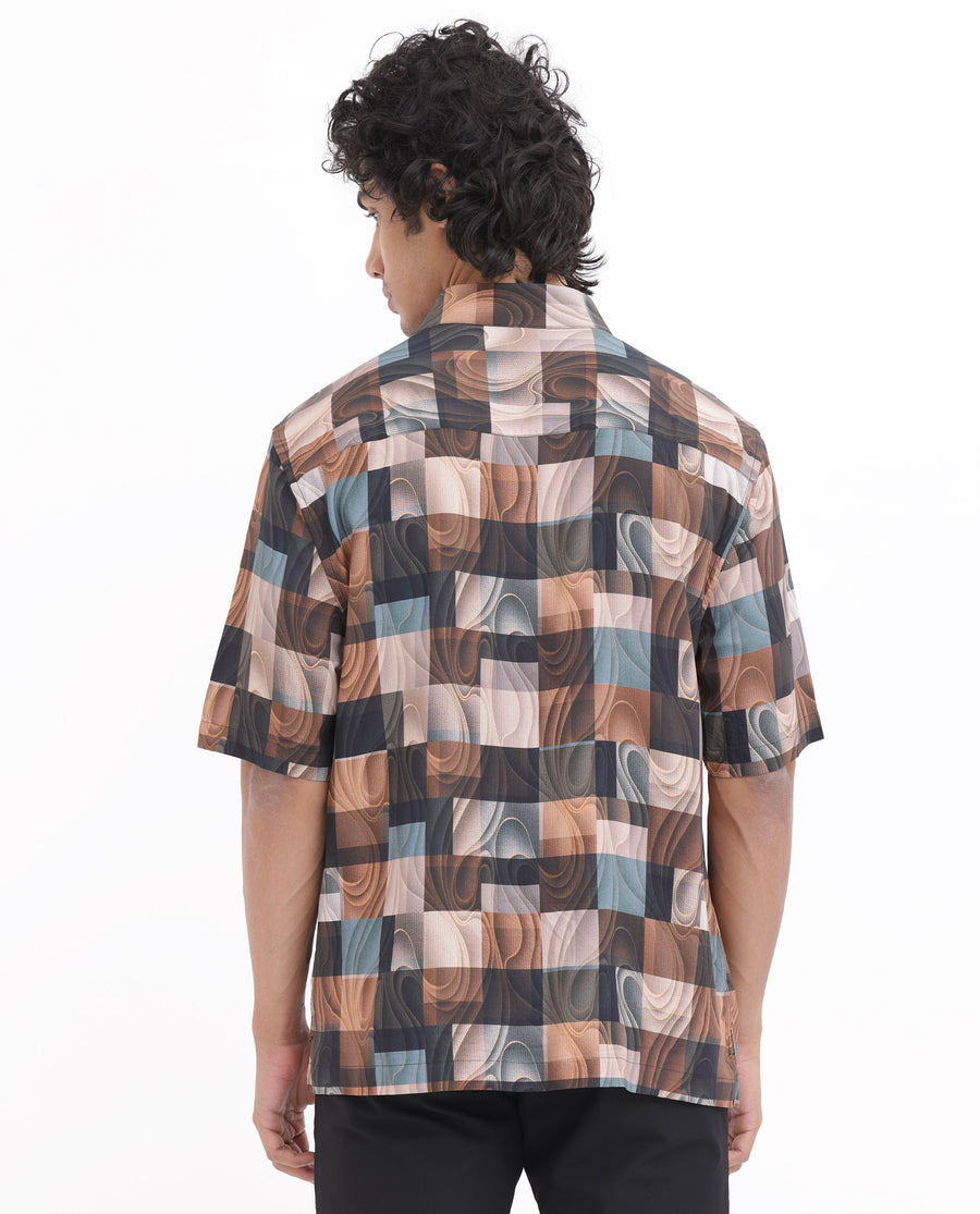 Rare Rabbit Men's Waven Brown Viscose Abstract Print Boxy Fit Half Sleeve Spread Collar Shirt