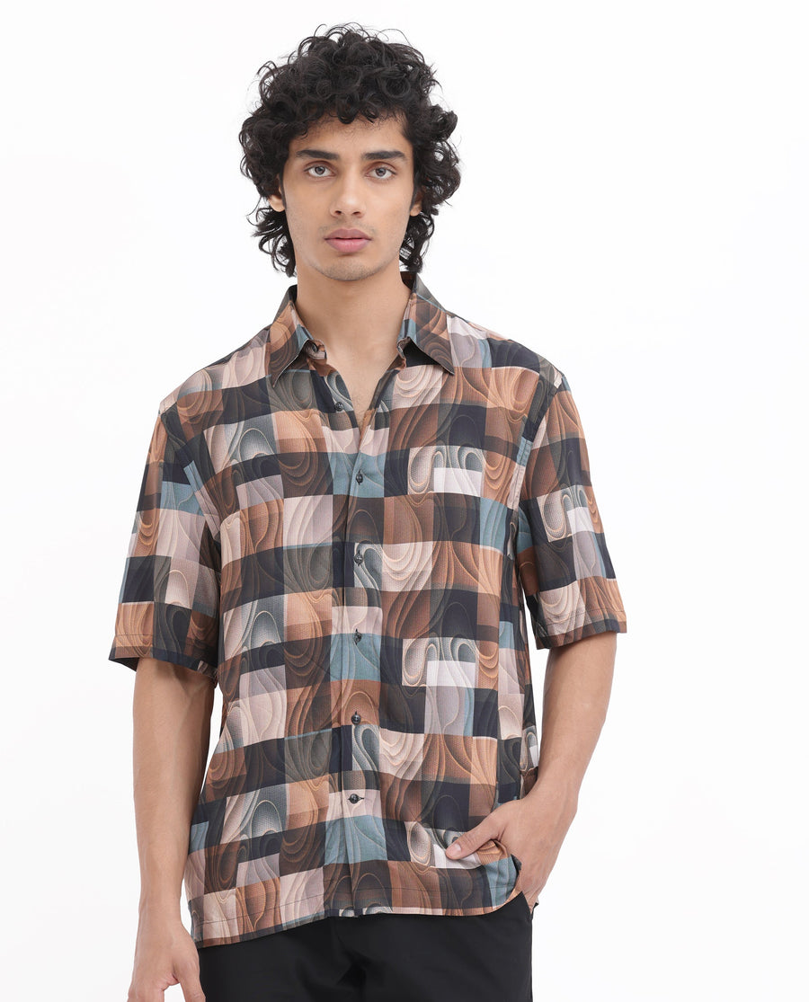 Rare Rabbit Men's Waven Brown Viscose Abstract Print Boxy Fit Half Sleeve Spread Collar Shirt
