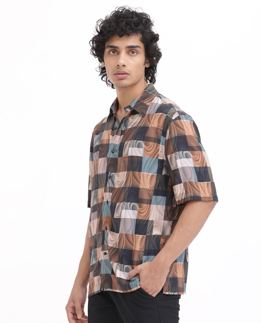 Rare Rabbit Men's Waven Brown Viscose Abstract Print Boxy Fit Half Sleeve Spread Collar Shirt