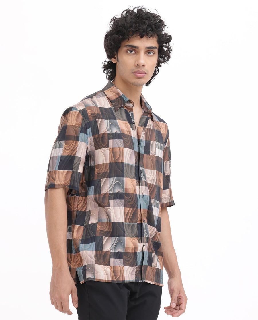 Rare Rabbit Men's Waven Brown Viscose Abstract Print Boxy Fit Half Sleeve Spread Collar Shirt