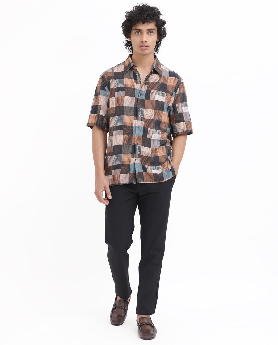 Rare Rabbit Men's Waven Brown Viscose Abstract Print Boxy Fit Half Sleeve Spread Collar Shirt