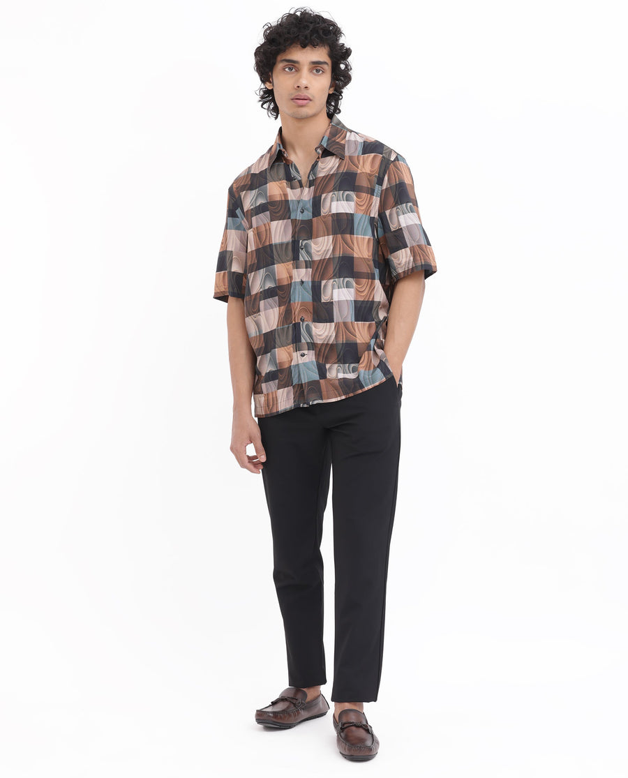 Rare Rabbit Men's Waven Brown Viscose Abstract Print Boxy Fit Half Sleeve Spread Collar Shirt