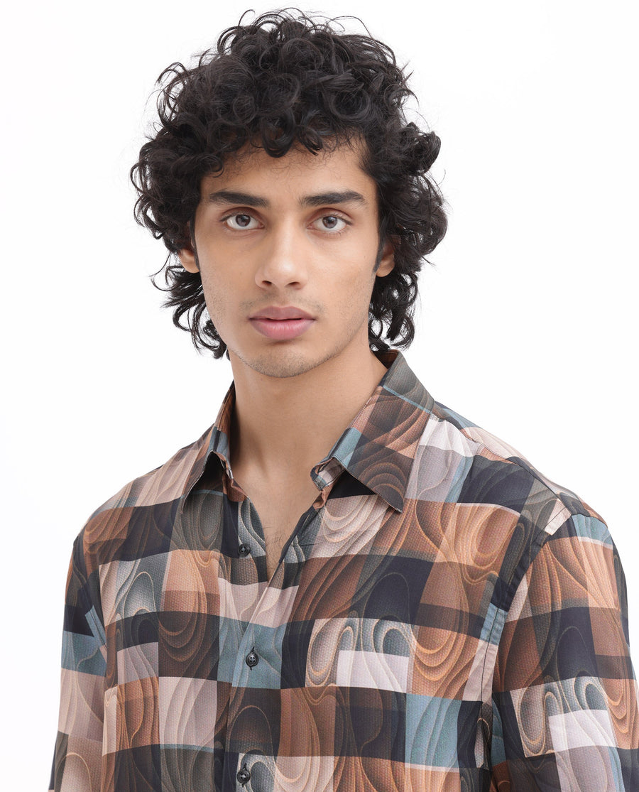 Rare Rabbit Men's Waven Brown Viscose Abstract Print Boxy Fit Half Sleeve Spread Collar Shirt