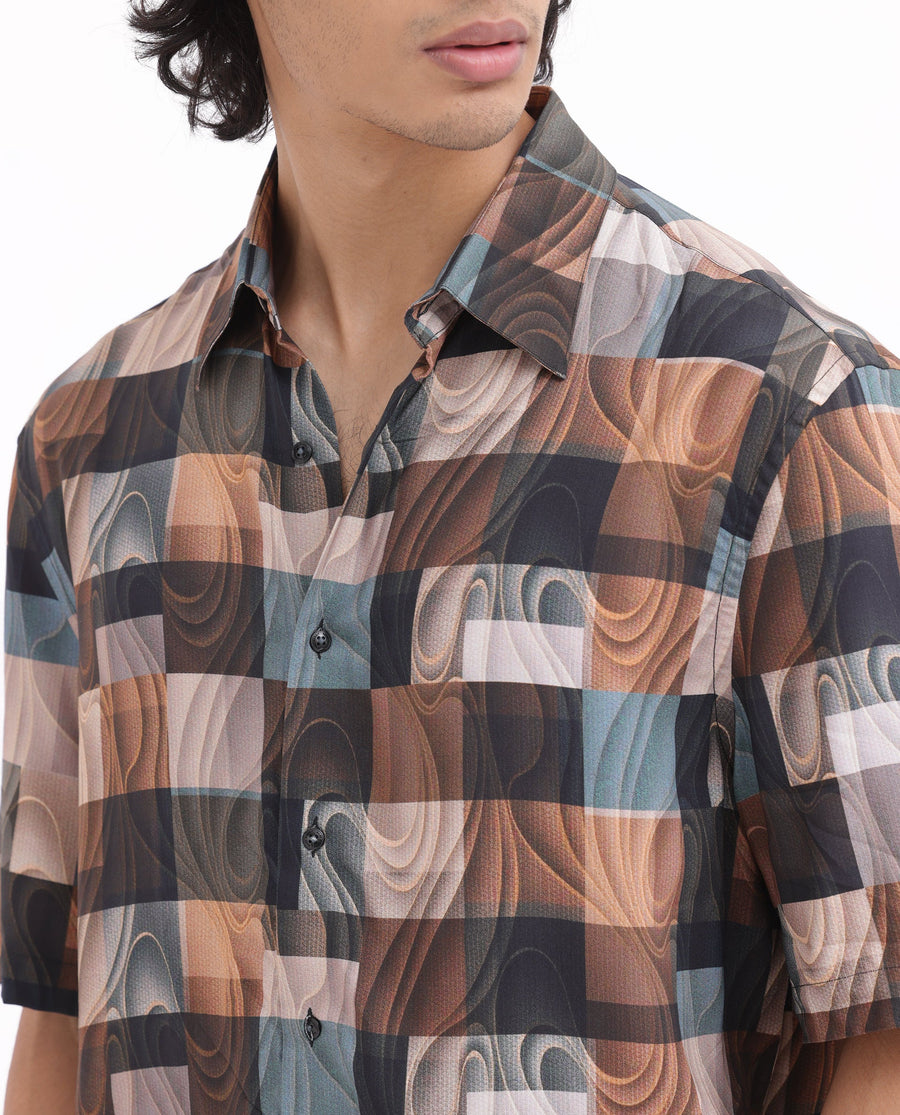Rare Rabbit Men's Waven Brown Viscose Abstract Print Boxy Fit Half Sleeve Spread Collar Shirt