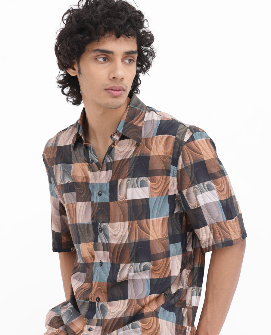 Rare Rabbit Men's Waven Brown Viscose Abstract Print Boxy Fit Half Sleeve Spread Collar Shirt