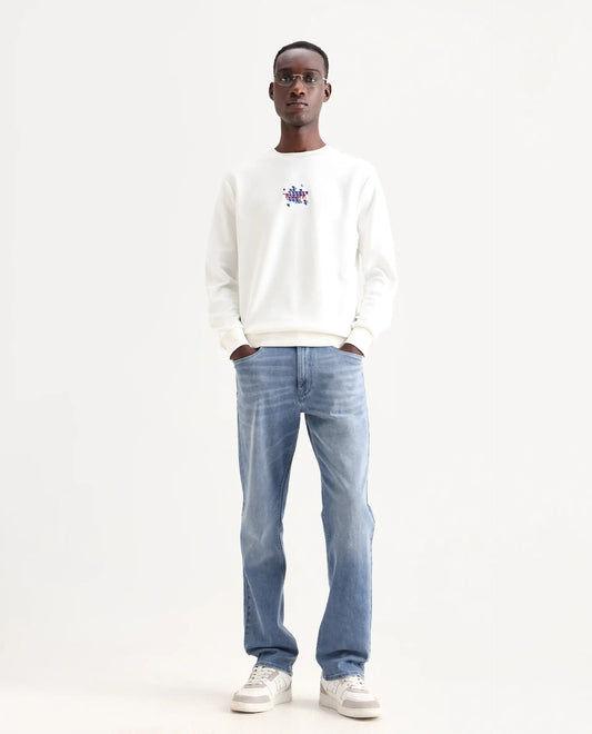 Rare Rabbit Men's Wavey Light Blue Cotton Blend Plain Morris Regular Fit Jeans