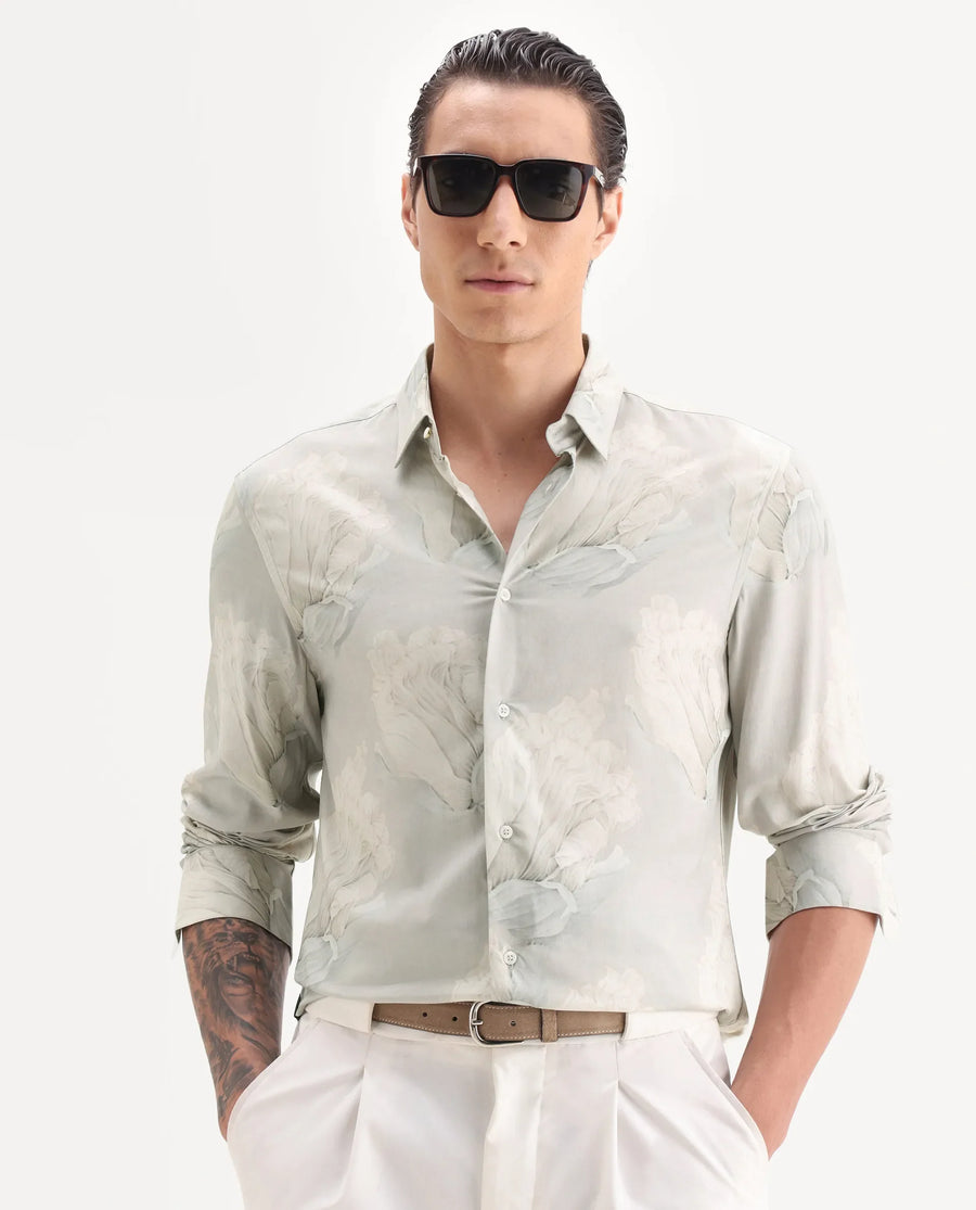 Rare Rabbit Men's Wexel Pastel Green Viscose Fabric Collared Neck Regular Fit Floral Print Shirt