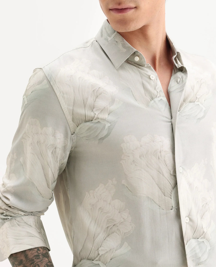 Rare Rabbit Men's Wexel Pastel Green Viscose Fabric Collared Neck Regular Fit Floral Print Shirt