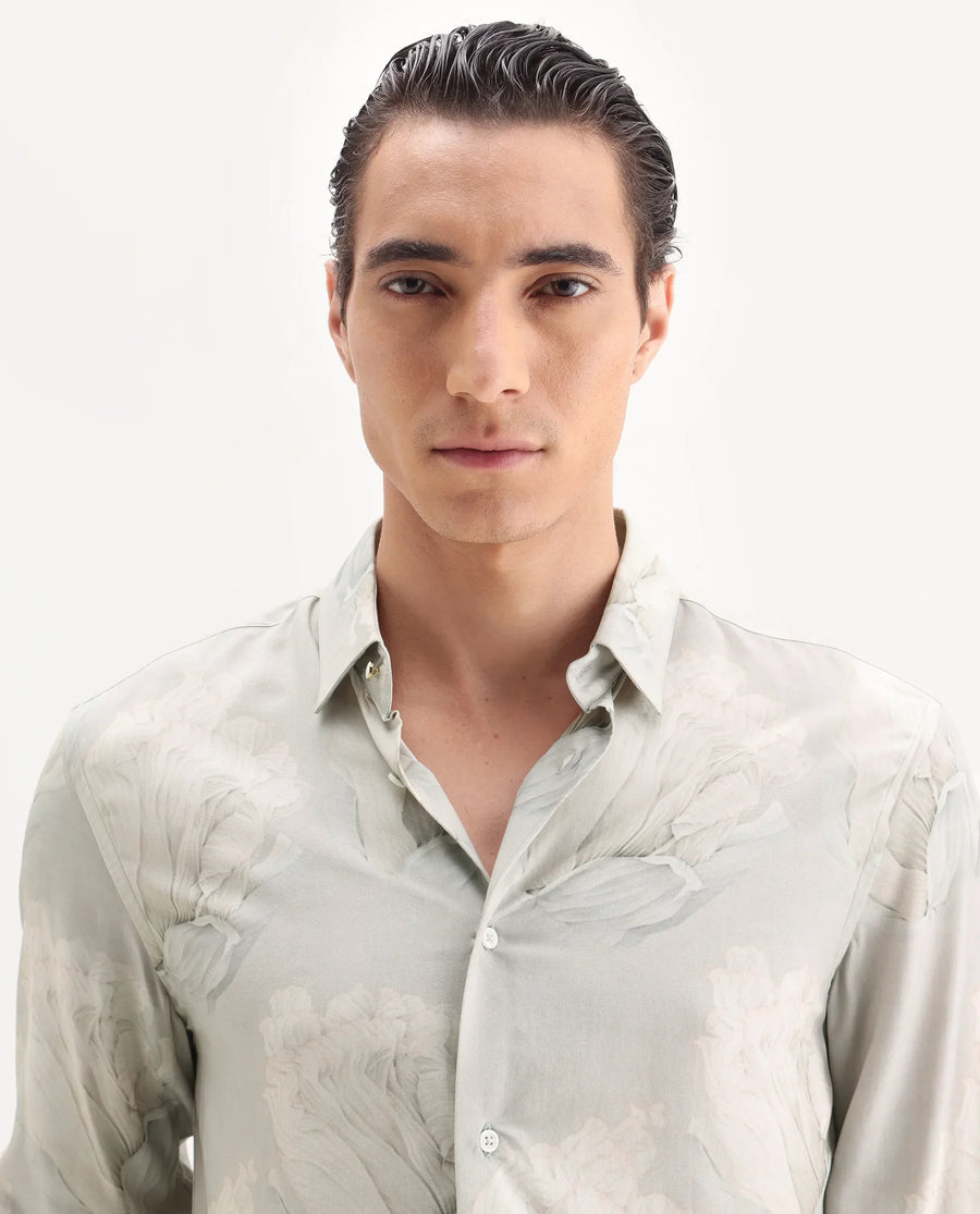 Rare Rabbit Men's Wexel Pastel Green Viscose Fabric Collared Neck Regular Fit Floral Print Shirt