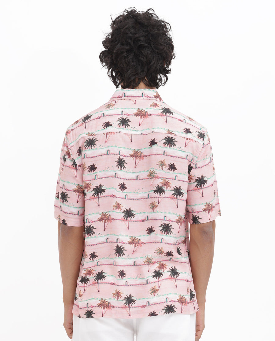 Rare Rabbit Men's Windo Light Pink Viscose Tropical Print Boxy Fit Half Sleeve Collared Shirt