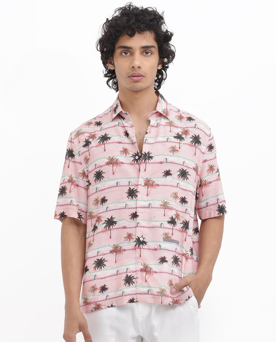 Rare Rabbit Men's Windo Light Pink Viscose Tropical Print Boxy Fit Half Sleeve Collared Shirt