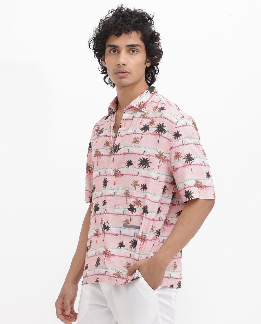 Rare Rabbit Men's Windo Light Pink Viscose Tropical Print Boxy Fit Half Sleeve Collared Shirt