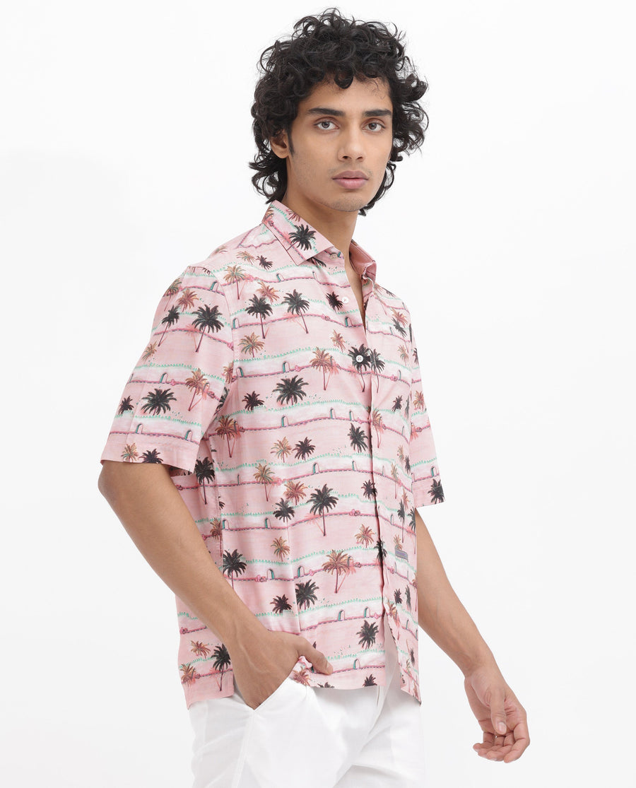 Rare Rabbit Men's Windo Light Pink Viscose Tropical Print Boxy Fit Half Sleeve Collared Shirt