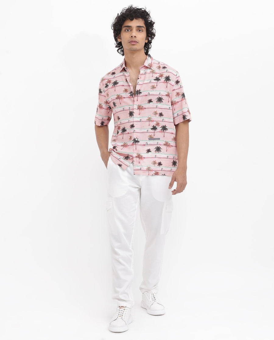 Rare Rabbit Men's Windo Light Pink Viscose Tropical Print Boxy Fit Half Sleeve Collared Shirt