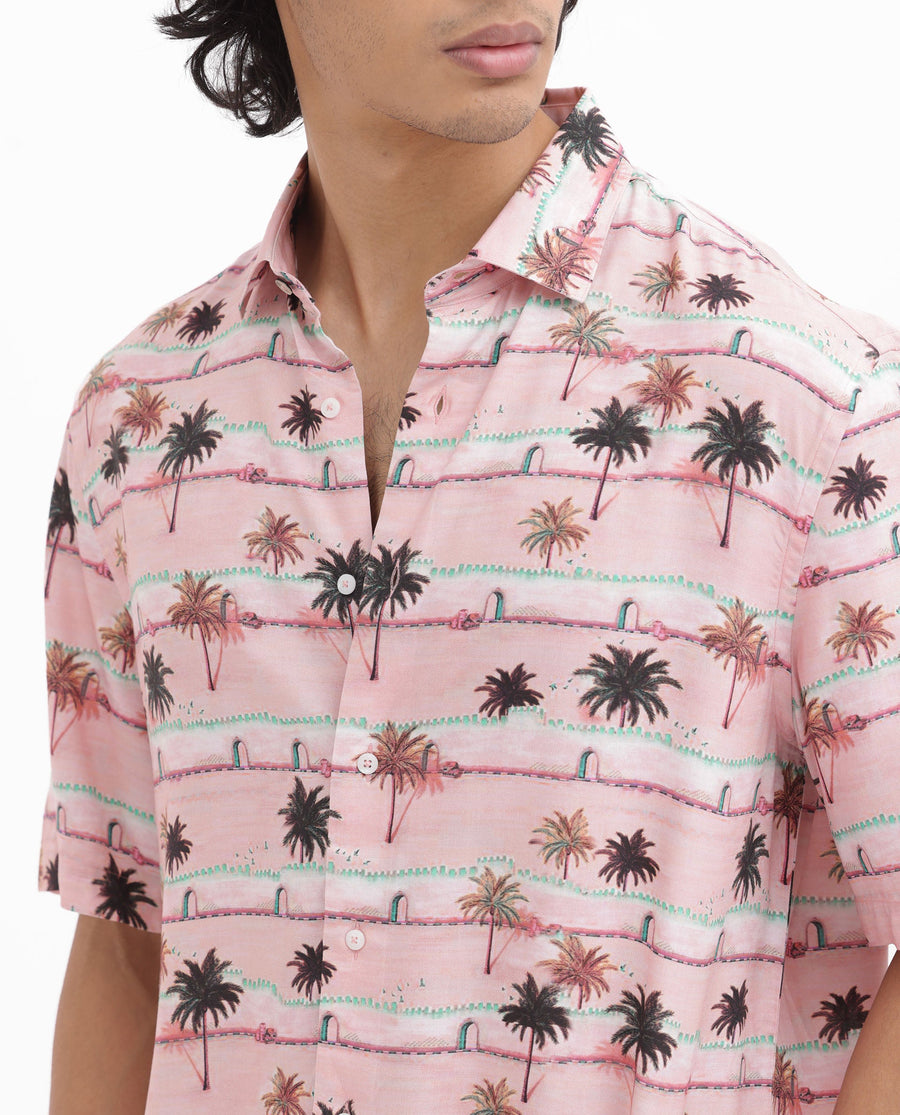 Rare Rabbit Men's Windo Light Pink Viscose Tropical Print Boxy Fit Half Sleeve Collared Shirt