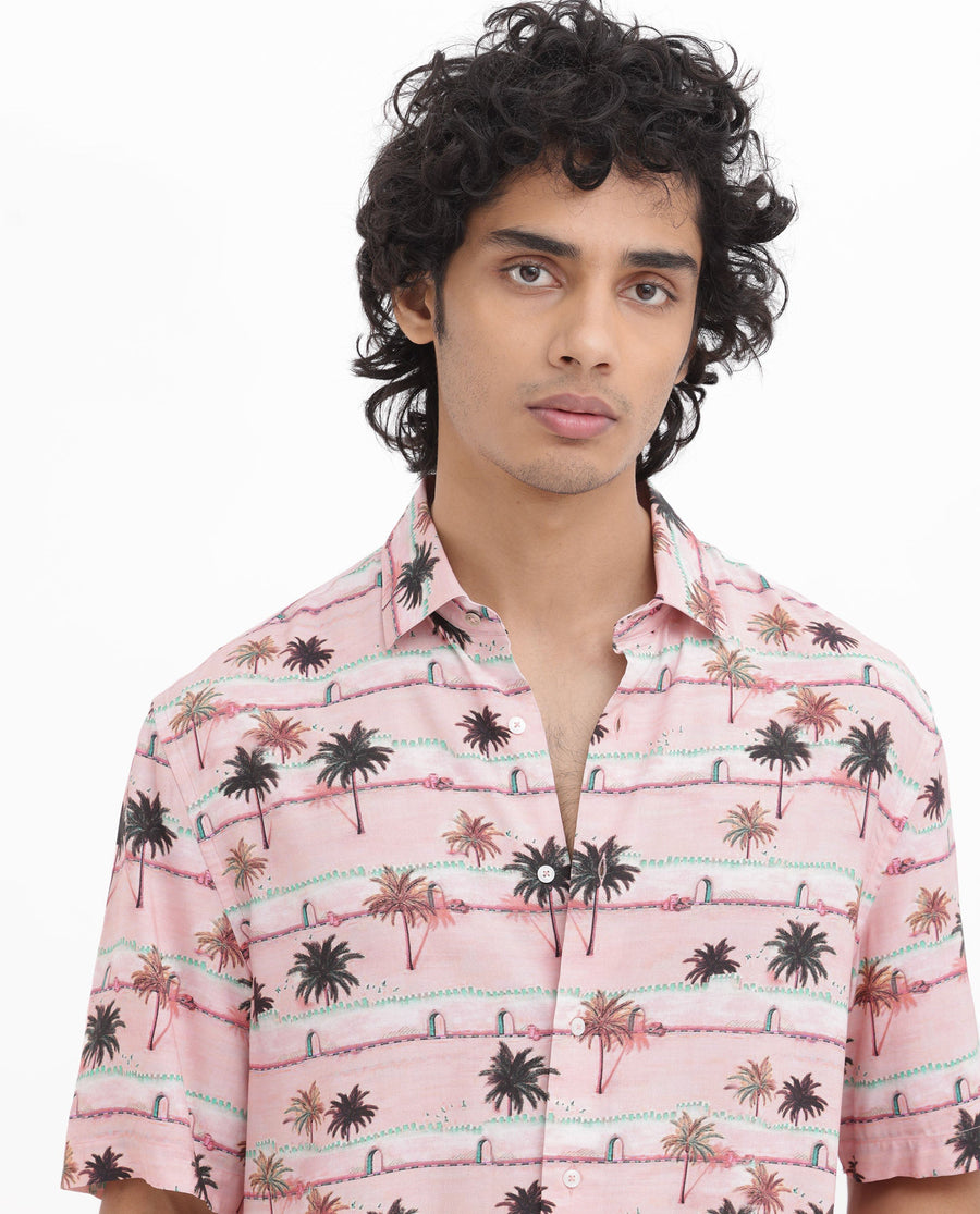 Rare Rabbit Men's Windo Light Pink Viscose Tropical Print Boxy Fit Half Sleeve Collared Shirt