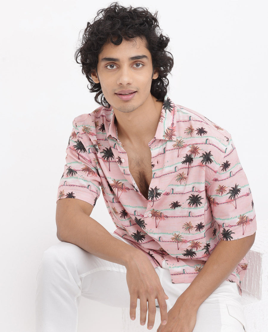 Rare Rabbit Men's Windo Light Pink Viscose Tropical Print Boxy Fit Half Sleeve Collared Shirt