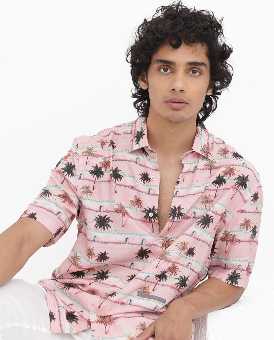 Rare Rabbit Men's Windo Light Pink Viscose Tropical Print Boxy Fit Half Sleeve Collared Shirt